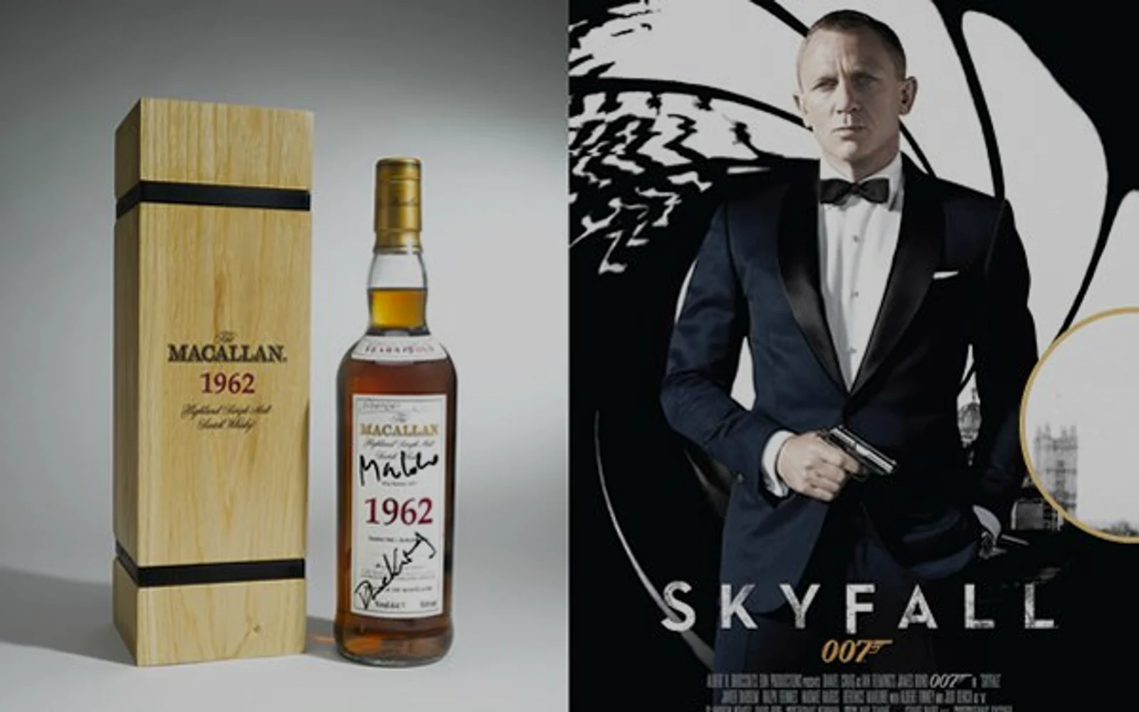 James Bond with a bottle of The Macallan in a scene from Skyfall.