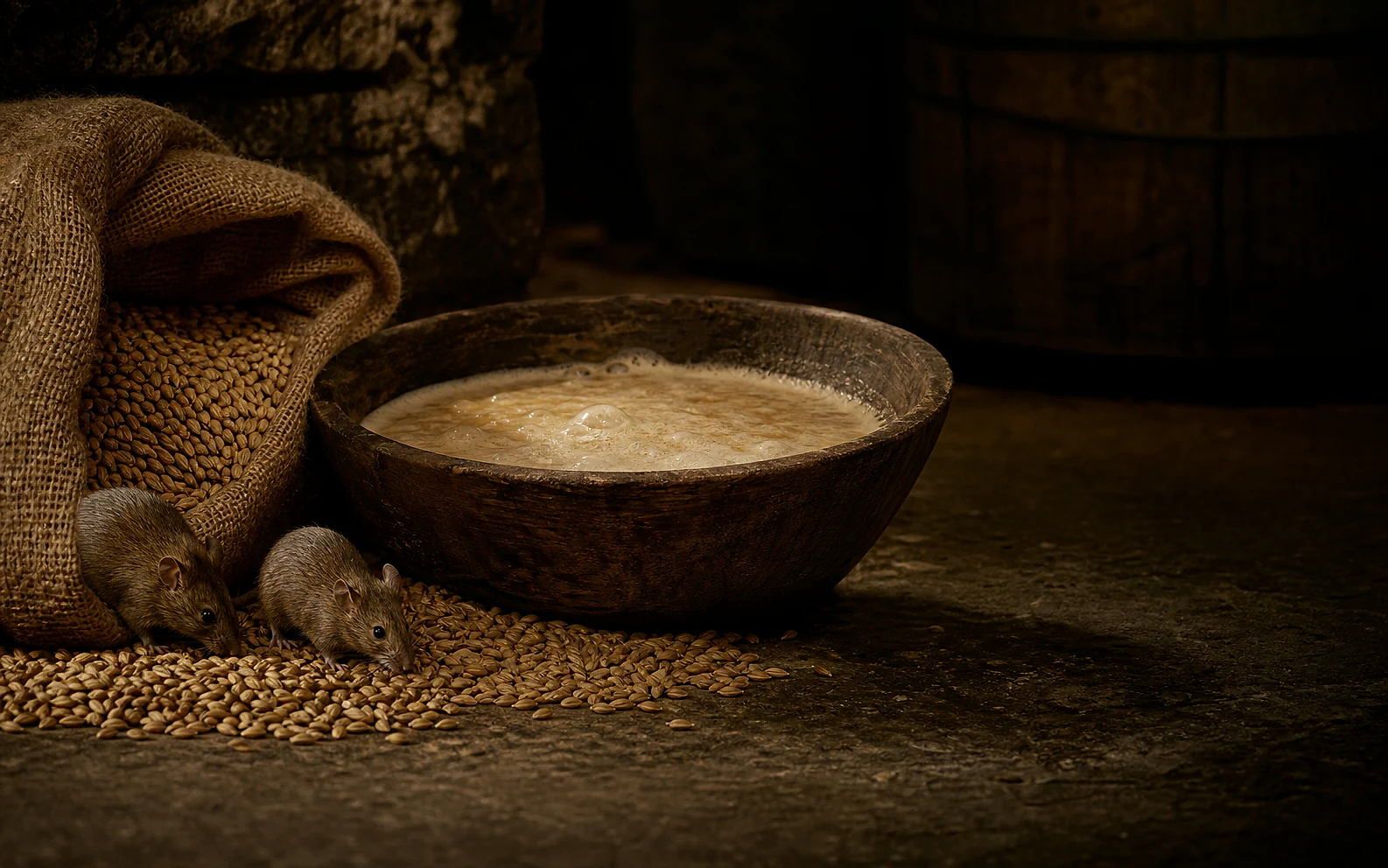 Editorial tableau of two field mice beside malted barley and active distillery yeast.