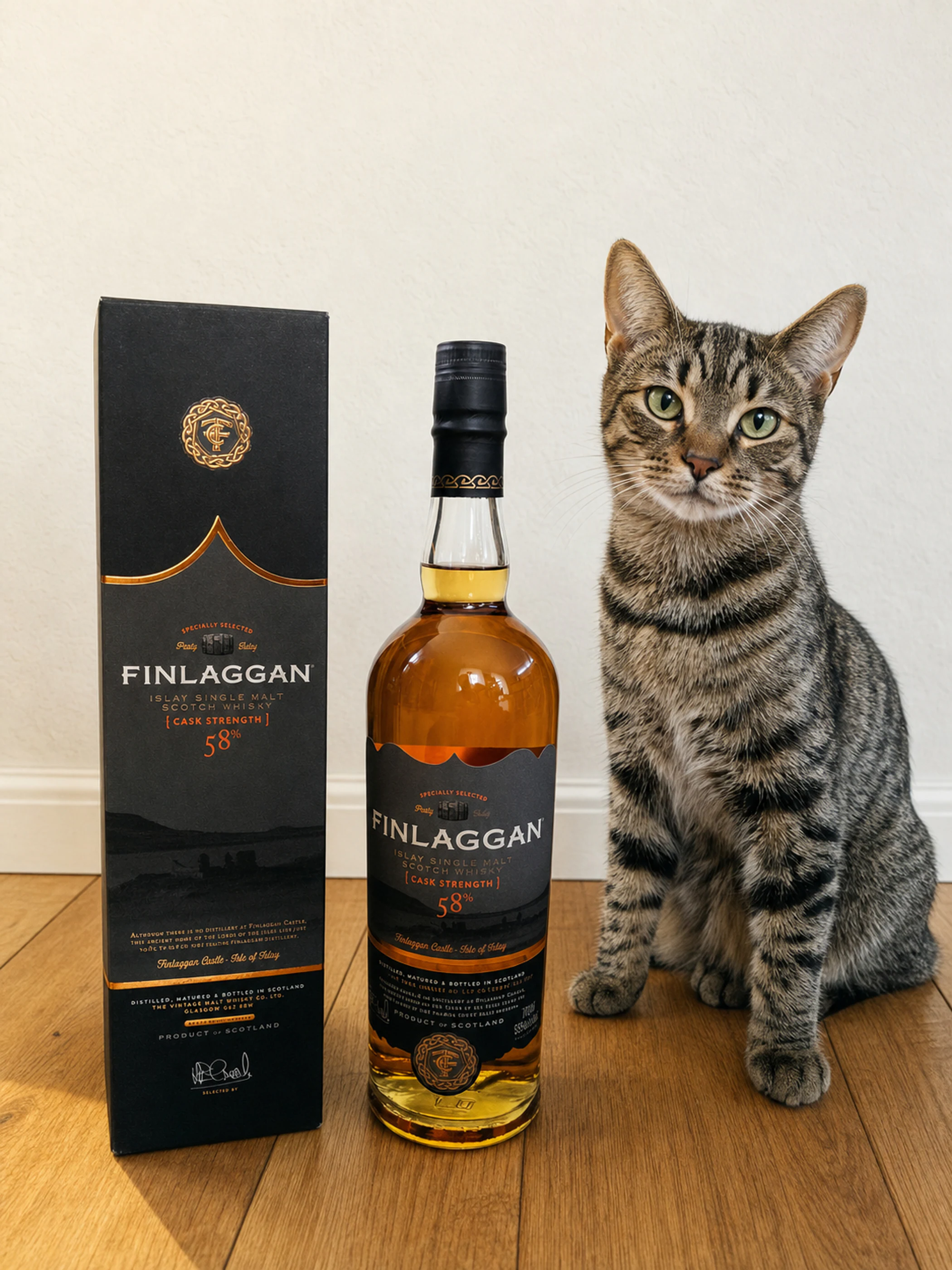 Collection photograph filed under the owner-supplied working label “Finlaggan Cask Strength 58%”; bottle facts await review.