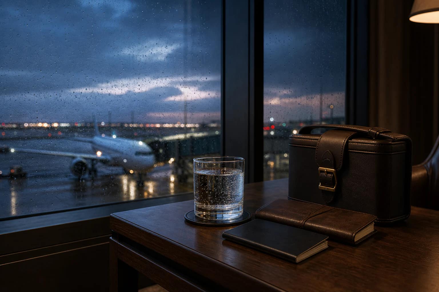 A glass of water, closed travel journal and secured bottle case beside a rain-lit airport window.