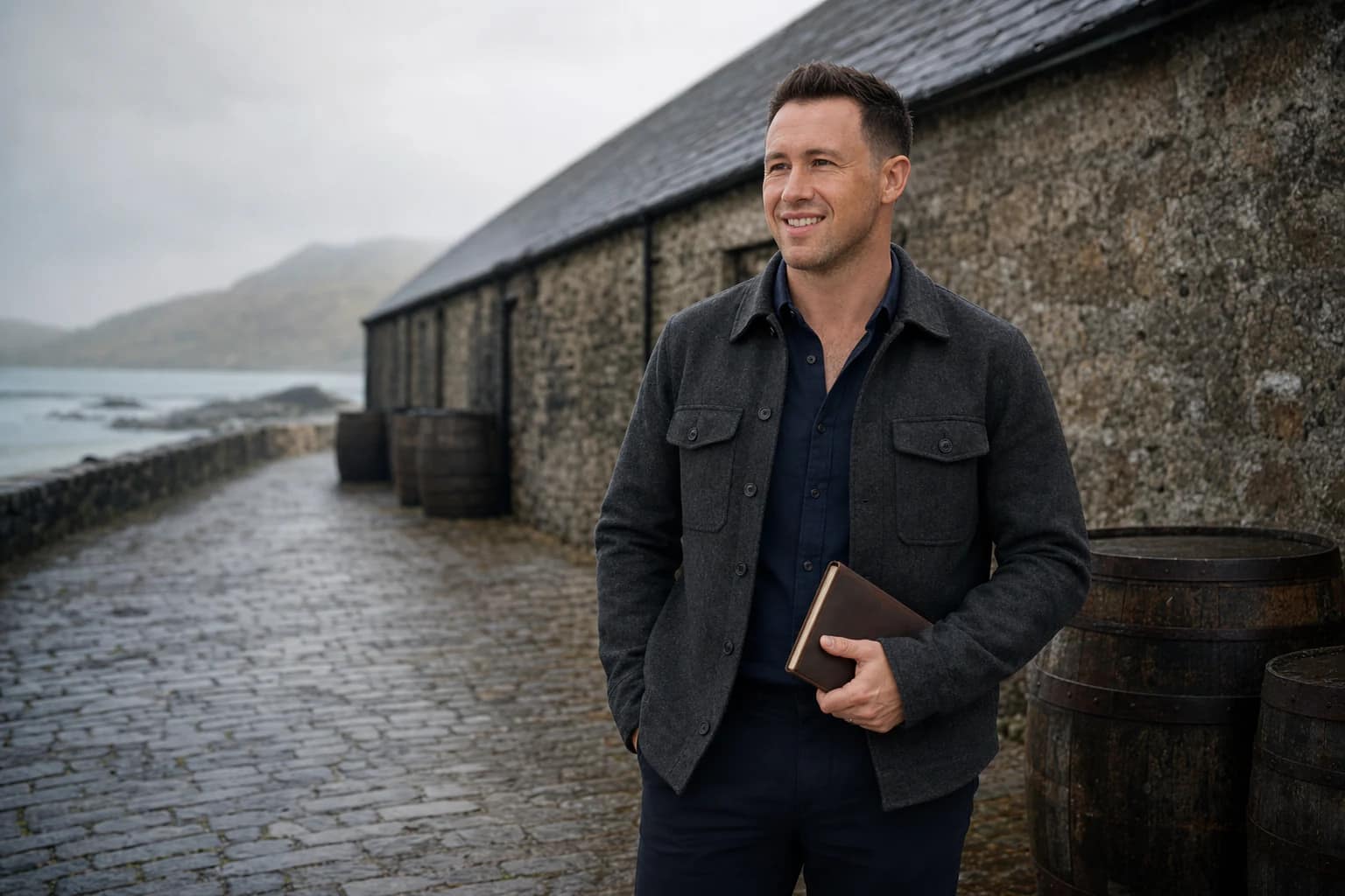 Martin Miles beside a traditional stone whisky warehouse on the Scottish coast.