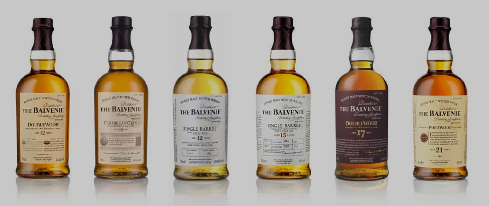 A group of The Balvenie whisky expressions from the editorial archive.