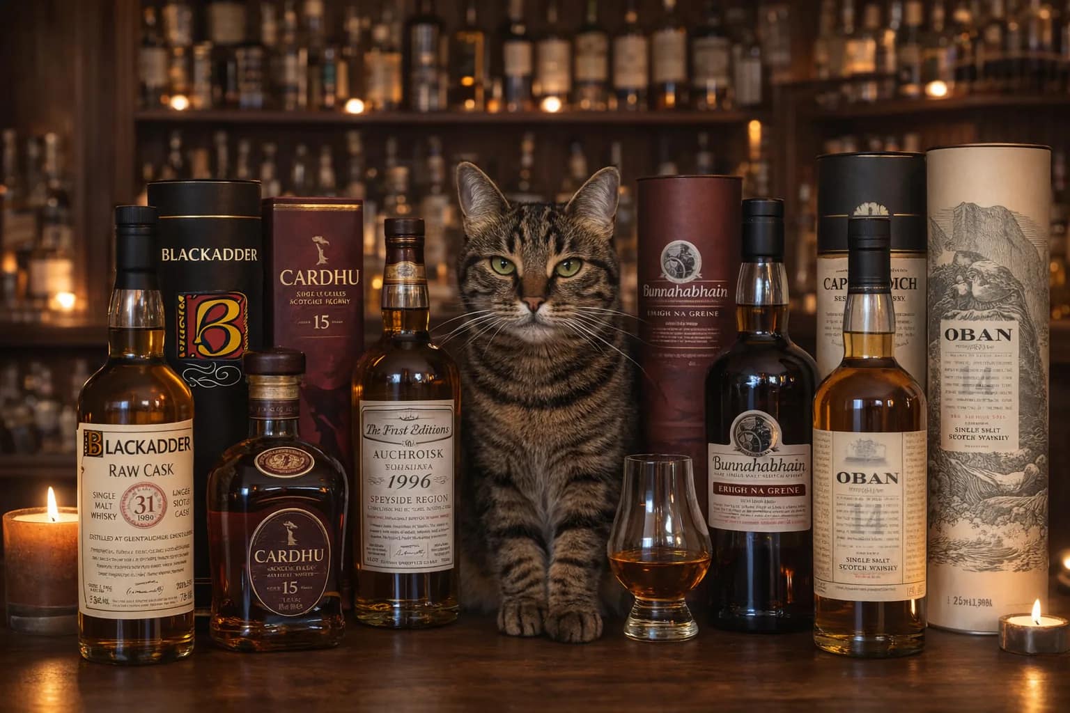 Lynxy seated among whisky bottles and presentation tubes in a warmly lit bar.