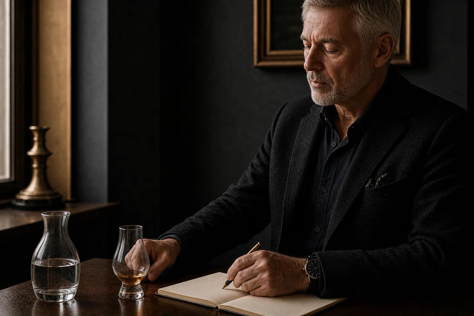 A mature assessor pauses after a sip with the whisky glass set down and a pencil poised over notes.
