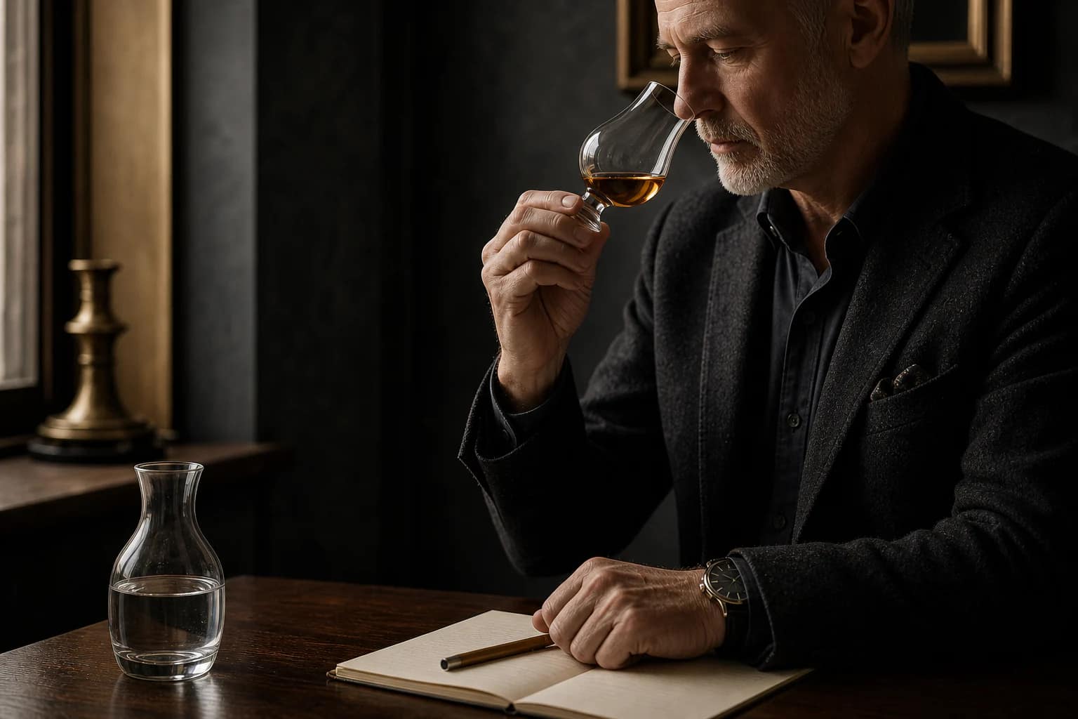 A mature assessor gently noses a tulip glass beside water and an open notebook.