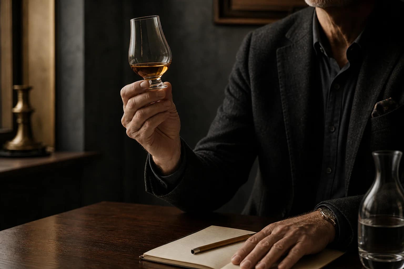 A mature assessor holds a tulip whisky glass to the light before making notes.