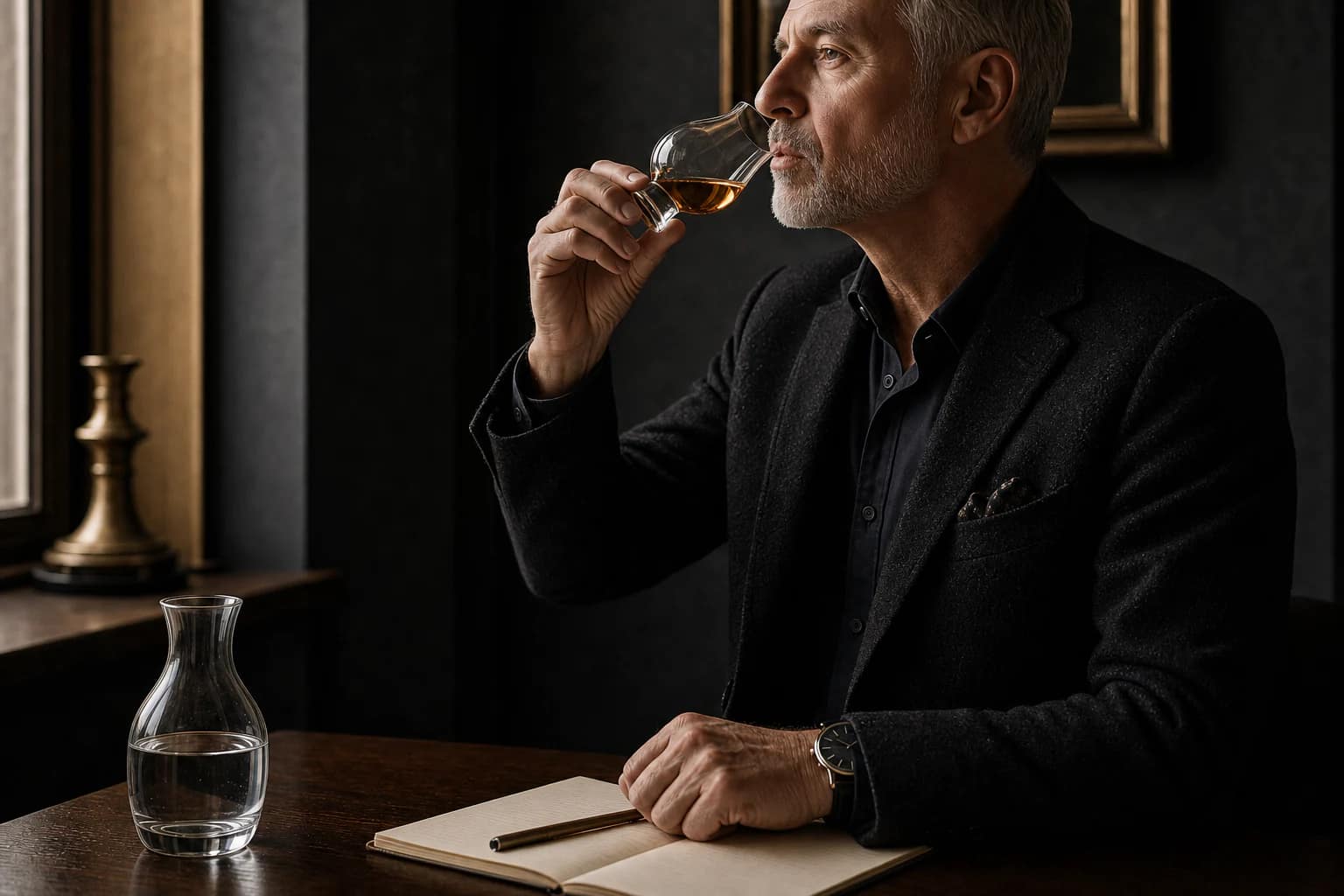A mature assessor takes a small measured sip from a tulip whisky glass.