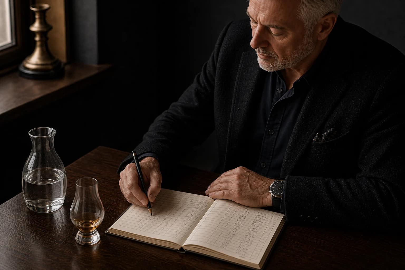 A mature assessor records the completed whisky assessment in a structured ledger.